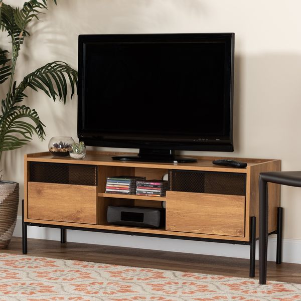 Baxton Studio Tasman ModernIndustrial Natural Brown Finished Wood and Black Metal 2-Door TV Stand 196-12084-ZORO